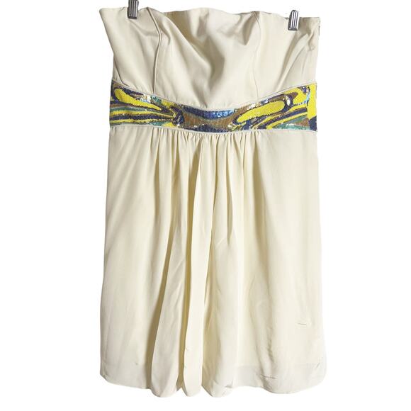 Tibi Ivory Cream Strapless Sleeveless Sequined Waist Mini Dress Size 12 - Picture 1 of 11